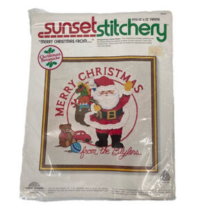 Vintage 1980 Sunset Stitchery #2046 Merry Christmas Santa Needlework Kit Sealed